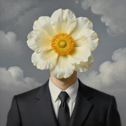 portrait of a faceless beautiful flower - head man in a suit, clouds in the background, by rene magritte, detailed painting, distance, centered, hd, hq, high resolution, high detail, 4 k, 8 k