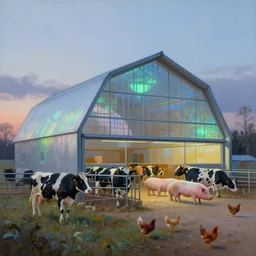 exterior view of modern futuristic farm barn architecture, cows, pigs, chickens, detailed luminescent oil painting 4 k