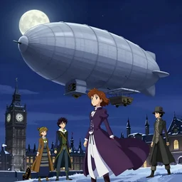 anime cartoon of airship, sky, winter, bnow, night, moon, victorian london, steampunk, nicoletta ceccoli, mark ryden, lostfish, max fleischer, hyper realistic, artstation, illustration, digital paint, matte paint, vivid colors, bright, cheerful, detailed and intricate environment