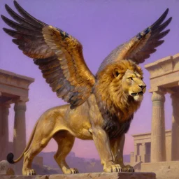a realistic oil painting of a winged lion's body with the head of an eagle and a beak, spreading its wings in an ancient egyptian temple, at purple sunset, highly detailed, trending on artstation, by james gurney and michael whelan and krenz cushart and alphonse mucha