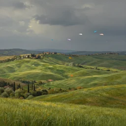 a beautiful landscape painting, flying colorful paper planes, tuscany hills, by sam guay, moody lighting, hyperrealism, 4 k, octane render