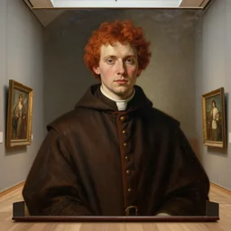 museum painting, wide - shot, young man with short curly red hair, wearing clothes of priest 1 8 th century, sharp focus, highly detailed, digital art, oil painting, masterpiece, by artgerm, by greg rutkowski, by mucha, by kinkade