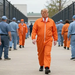 photojournalist photo of donald trump!! in orange prison jumpsuit walking in the federal prison yard with other inmates, 3 5 mm f 1. 8