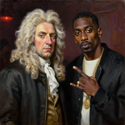 a classical portrait of sir isaac newton and tupac shakur, chillin at the club together, oil on canvas
