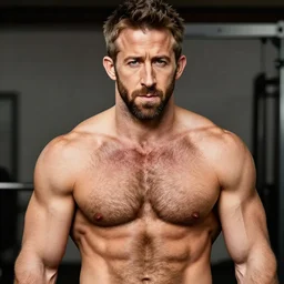 ryan reynolds as a bodybuilder, masculine, muscular, handsome, hairy torso, 4 k hd