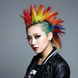 Beautiful Japanese punk rock model with rainbow mowhawk hair, Studio portrait,