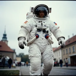a 3 5 mm kodachrome photo of a enormous giant towering chubby american astronaut in spacesut with oversized helmet walking in legnica, movie still, bokeh, canon 5 0 mm, cinematic lighting, dramatic, film, photography, depth of field, award - winning, overcast, 8 k, 3 5 mm film grain