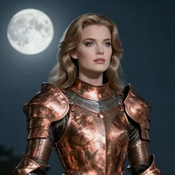 portrait of a stunningly beautiful paladin in copper plate armor who looks like young michelle pfeiffer, moonlight in the background by boris vallejo and julie bell, soft details, soft lighting, HD, elegant, intricate, masterpiece