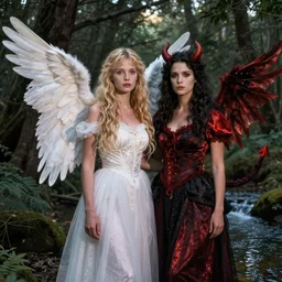 a woman dressed like an angel and a woman dressed like a devil in the woods by a stream, high resolution photograph, sally mann, walker evans, eerie lighting