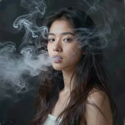 dark background, light paint, candid!! long portrait of a very very beautiful! young filipino woman with narrow face, large eyes and flowing long hair, swirling dreamy smoke and fog is coming from her mouth, face partially obscured, by conrad roset, abstract background, dramatic lighting, trending on artstation
