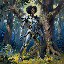 hyperrealistic deconstructed super expressive! black woman with exoskeleton armor, merging with tree in a forest, highly detailed digital painting masterpiece smooth de lempicka hannah yata dramatic pearlescent blue yellow light ground angle hd 8k sharp focus