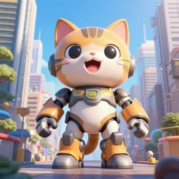 a wide shot of a giant happy mecha-cat standing in city, hyper realistic render by unreal engine