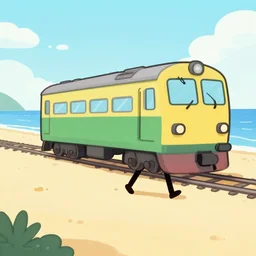 a train with legs strolling slowly on the beach. cartoon