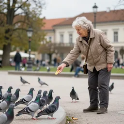 An elderly woman feeding pigeons in Tivoli park in Ljubljana, professional photography