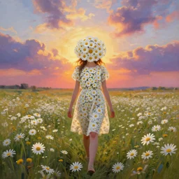 many daisy flowers as a head, full body, girl walking in a flower field, surreal photography, sunrise dramatic light, impressionist painting, colorful clouds, digital painting, artstation, simon stalenhag, flower face