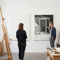 female artist painting in her studio by dan mumford and peter doig and edward hopper, symmetrical, minimal, black ink, thick lines highly detailed, muted colours 8 k