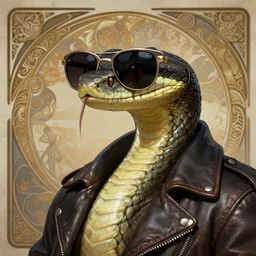 a snake wearing sunglasses and a leather jacket, photography of kurzgesagt, deep focus, d & d, fantasy, intricate, elegant, highly detailed, digital painting, artstation, concept art, matte, sharp focus, illustration, hearthstone, art by artgerm and greg rutkowski and alphonse mucha