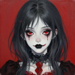 beautiful! beautiful! coherent and aesthetically pleasing! portrait of an anime goth clowngirl with lovely red eyes and black lips, painted by ilya kuvshinov!!! and zdzislaw beksinski
