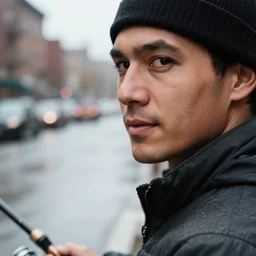 closeup portrait of a man fishing in a rainy new york street, photography, detailed face, natural light, ƒ1.8, 35mm