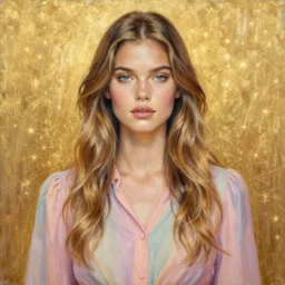 epic painting drawing, full figure portrait of beautiful supermodel wearing pastel blouse, long wavy hair, photography by amy leibowitz, wlop, jeremy lipkin, beeple, intricate, symmetrical front portrait, artgerm, golden glowing background