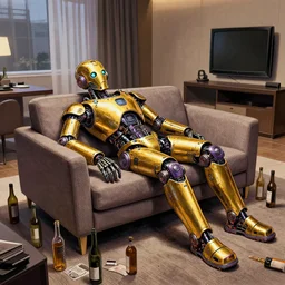a shiny golden and purple metallic futuristic steampunk humanoid robot sleeping on a sofa in a modern hotel room, empty bottles all over the floor, broken tv monitor, robert crumb style, insanely detailed, wide shot