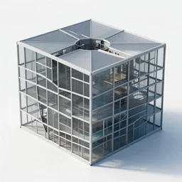 variation of 3 d box mass shape design, steel and glass, mies van der rohe, very detailed