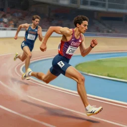 cinematic painting of qwop!!!!!!!!!!!!!!!!!!!! running down the track by alvaro castagnet, peter mohrbacher and dan mumford, kinetic, motion, athletic, running