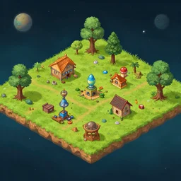 close up isometric view of a small colony, on an alien grassland, on an alien planet, from a space themed point and click 2 d graphic adventure game, art inspired by thomas kinkade