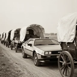 a monochromatic sepia photograph of a delorean in a line of covered wagons,