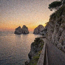 epic professional digital art of a lonely street on a cliff over the sea at sunset in capri island, by Casey Weldon, dan mumford 8k ultra high definition, upscaled, perfect composition , golden ratio