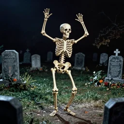 7 0 s film still from a horror movie about a skeleton dancing in a cemetery at night, kodachrome, cinecolor, cinestill, film grain, film texture, retro, cinematic, high resolution, photorealism,