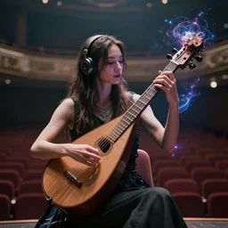 futuristic cyberpunk bard playing a lute with magic hands inside a concert hall