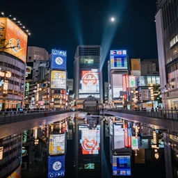 beautiful!!! overwhelming!!!!! studio photograph of japan at night, reflective intricate puddles, beautiful tall luxurious neon buildings with advertisements, stunning composition, moon rays, beautiful calming atmosphere, studio level quality, photography, hyperdetailed