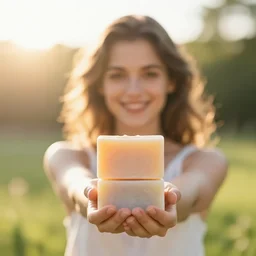 beautiful advertising photo of a woman holding scented soap bars up to the viewer, smiling, summer outdoors photography at sunrise, bokeh, bloom effect