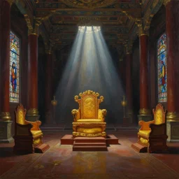 Oil on canvas painting of the opulent imperial throne  room matte finish, ominous dramatic  wide angle, god rays stained glass Marc Simonetti