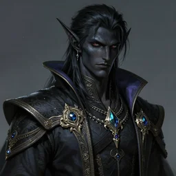 a handsome noble male dark elf, obsidian skin, jewels, silk, fantasy, intricate, highly detailed, digital painting, artstation, concept art, sharp focus, illustration