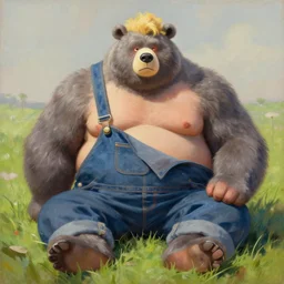 blushing bear man chubby sumo anthro, blonde hair tuff on head, grey fur, country bears by marc davis mark wulfgar wearing overalls flannel posing seductive, sitting in grass, style in akihito tsukashi oil painting by titan