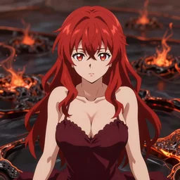 isekai lava field cute buxom dragon anime lady with glowing red hair, burgundy dress. burnt palette symmetrical face. symmetrical detailed defined eyes. beautiful lineart. bokeh pixiv # 1 ranking depth focus, chromatic aberration, noise, soft lighting, srgb, 4 k, cinematic rembrant kuvshinov ross tran john sargent leyendecker wlop guweiz