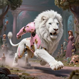 realistic render portrait of a white anthropomorphic lion, cyborg armor pink and gold, launching an attack!!, running to the camera!!, a surrealist interior mental landscape by hieronymus bosch, cyril rolando, esher and natalie shau, whimsical, profound, impossible. trending on devaintart.