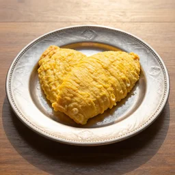 a minimalist eating omurice on a embossed silver plate, color restoration, clear focus, golden hour