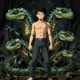 anime of young white man with facial hair, brown eyes, full body, reptiles in background by shinichiro watanabe, hyper realistic, dark fantasy, detailed, high definition insanely detailed, bitter, wide angle lens glow in the dark