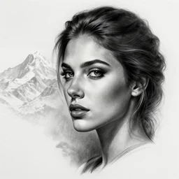 tattoo design sketch of an extremely beautiful woman face and a faded background of beautiful mountains on her side, hyper - realistic, in the style of matteo pasqualin, amazing detail, black and white, faded