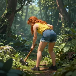Dawnbreaker bending over to pick her hammer in the jungle, view from behind, 8k, full body