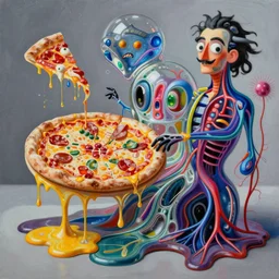 an extremely high quality hd surrealism painting of 3 d perspective neon complimentary - colors cartoon surrealism melting sculpture gallery cast glass biological anatomical zaha hadid dripping pizza by a much more skilled version of kandinskypicasso and salvia dali the fourth, salvador dali's much much much much more talented painter cousin, 8 k, ultra realistic, very realistic, nerves, veins, neurons - n 9