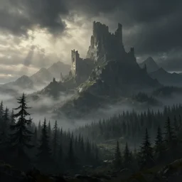 beautiful render of a eerie and desolate landscape, lovecraftian style, unreal engine, dark, first light, majestic mountains, forests, morning mist, dramatic clouds, big castle ruin, soft light, by greg rutkowski, cgsociety