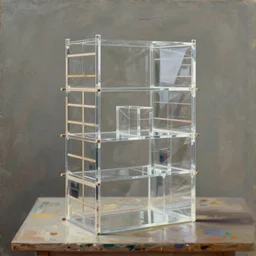 handmade clear plaxiglass sculpture with scaffoldings, in a painting made by nate boyce, painting by kay sage, by yves tanguy, digital sculpture, highly detailed, soft lighting, rendered in octane, oil on canvas