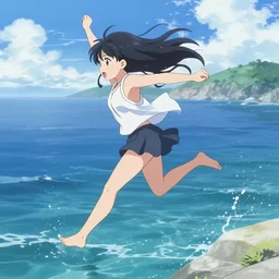 an anime girl jumping into the sea, 4k anime style detailed