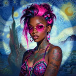 portrait of a beautiful girl has dark skin color, with luminescent tattoos, neon, funky hair, shades of pink, beautiful face, rule of thirds, intricate outfit, spotlight, by greg rutkowski, by jeremy mann, by francoise nielly, by van gogh, digital painting