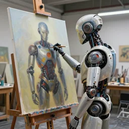 photorealistic illustration of a sci - fi android artist in a modern art studio, making and oil painting on a large canvas, beeple, deviantart, behance