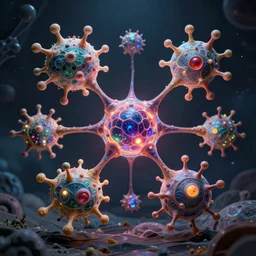 quantum connections represented as symbiotic organisms like cells playing around with colorful lights by ernst haeckel, very very very good